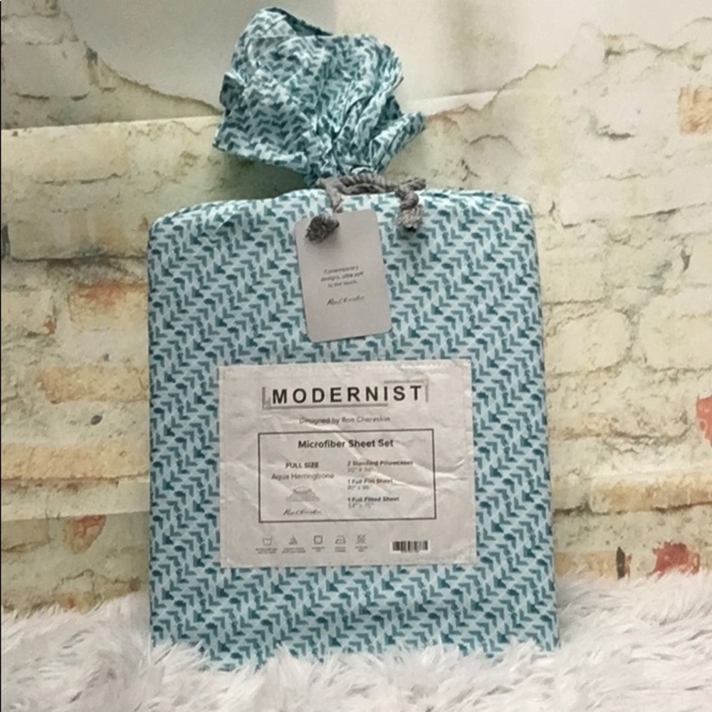 New Gravity Herringbone Print Full 4-Piece Sheet Bedding Set - Aqua White